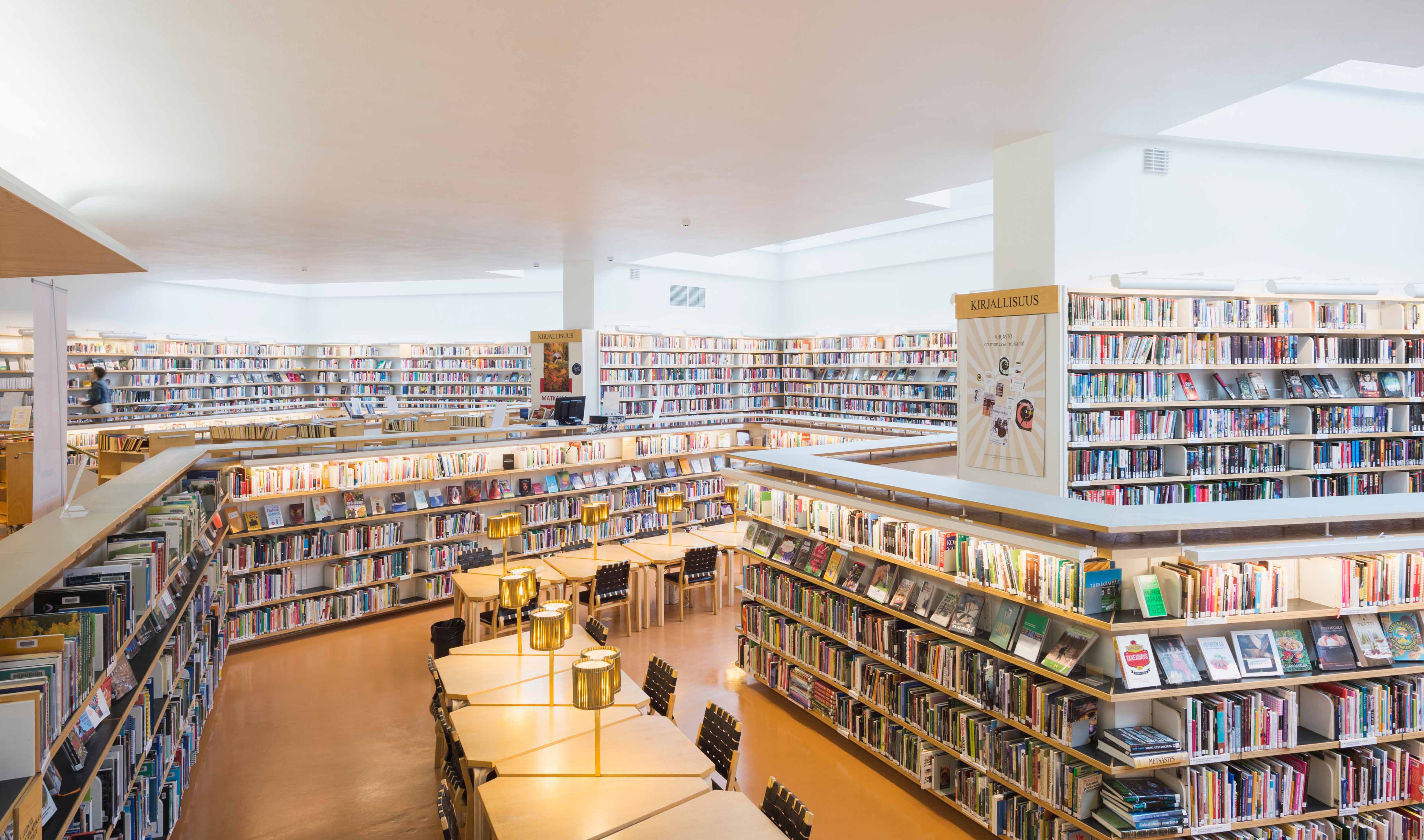 Books and reading area inside the library of Rovaniemi in Finland.